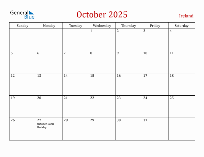 Ireland October 2025 Calendar - Sunday Start