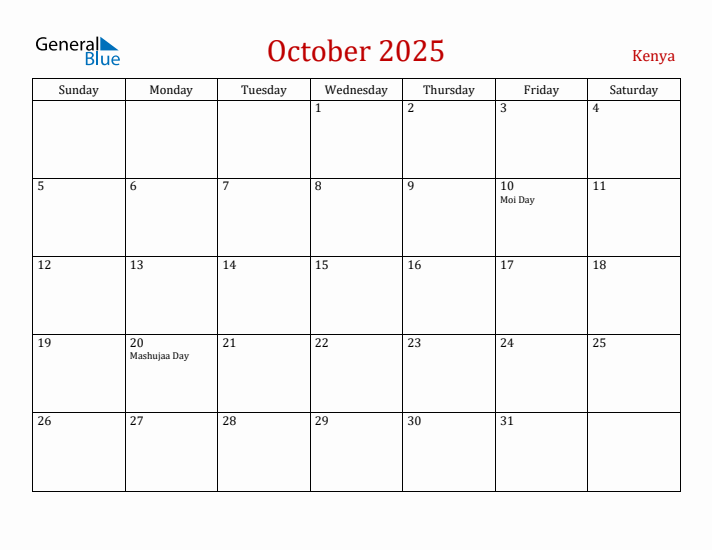 Kenya October 2025 Calendar - Sunday Start