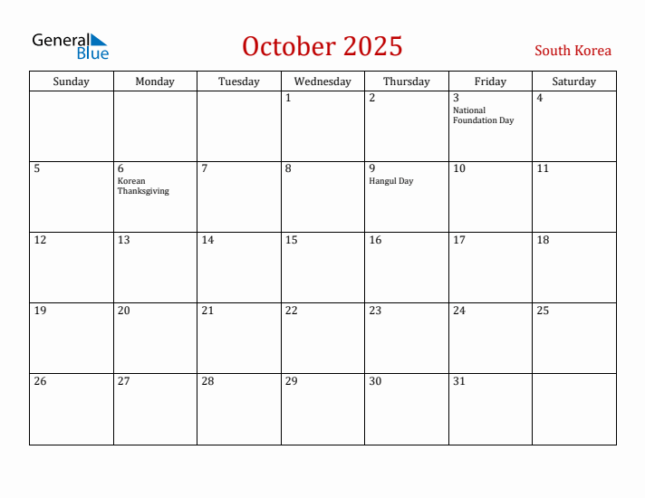 October 2025 South Korea Monthly Calendar with Holidays