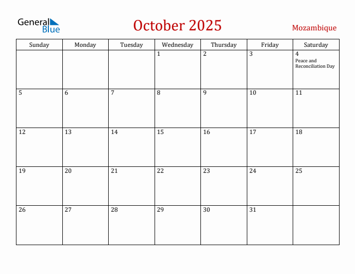 Mozambique October 2025 Calendar - Sunday Start