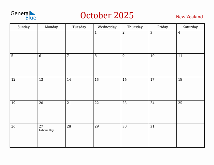 New Zealand October 2025 Calendar - Sunday Start