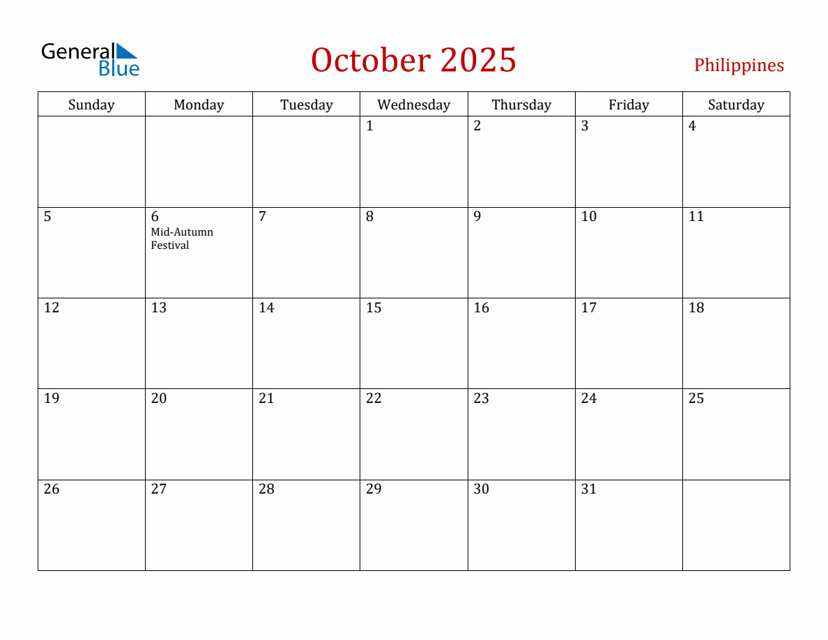 October 2025 Philippines Monthly Calendar with Holidays