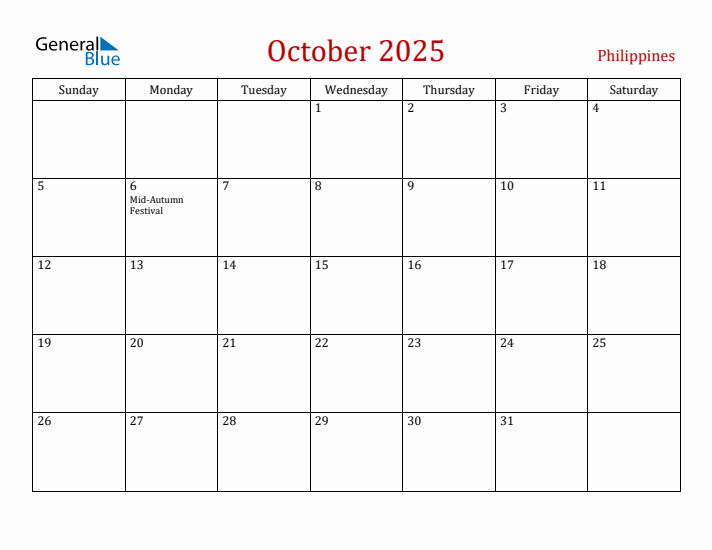 Philippines October 2025 Calendar - Sunday Start