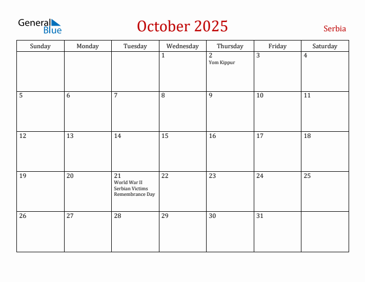 Serbia October 2025 Calendar - Sunday Start