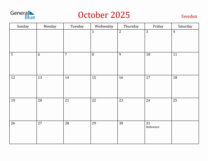 Sweden October 2025 Calendar - Sunday Start