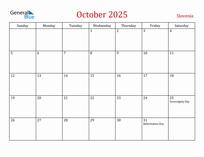 Slovenia October 2025 Calendar - Sunday Start