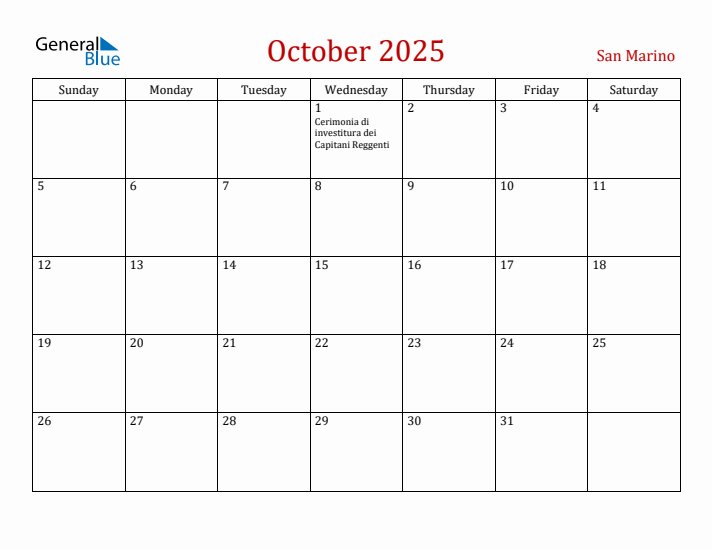 San Marino October 2025 Calendar - Sunday Start