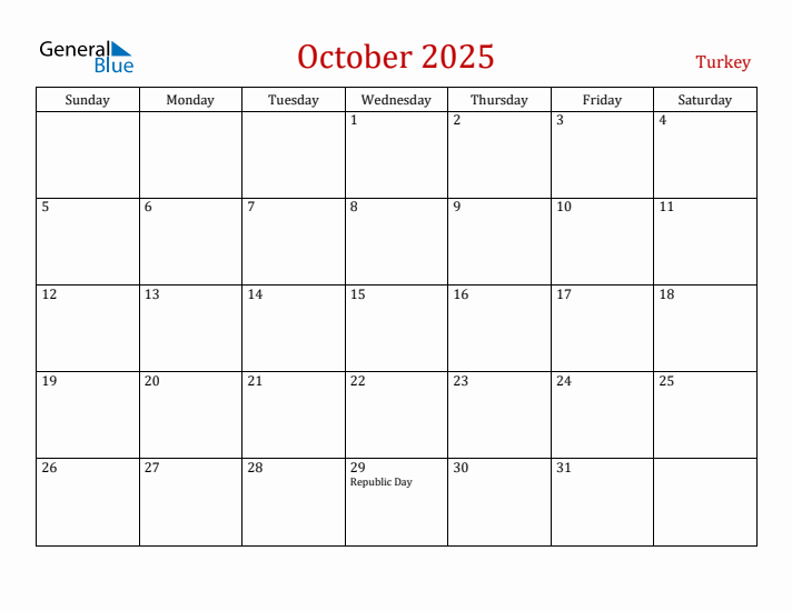 Turkey October 2025 Calendar - Sunday Start