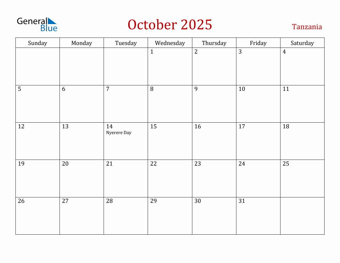 October 2025 Tanzania Monthly Calendar with Holidays