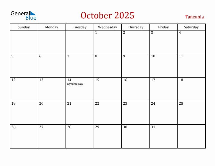 Tanzania October 2025 Calendar - Sunday Start