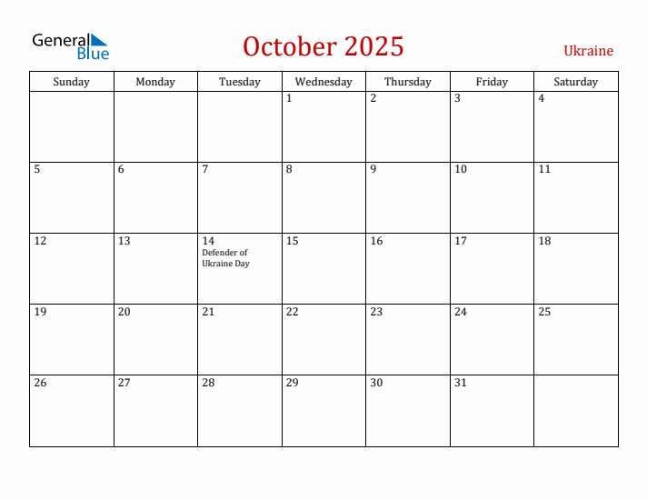 Ukraine October 2025 Calendar - Sunday Start