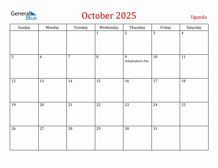 Uganda October 2025 Calendar - Sunday Start
