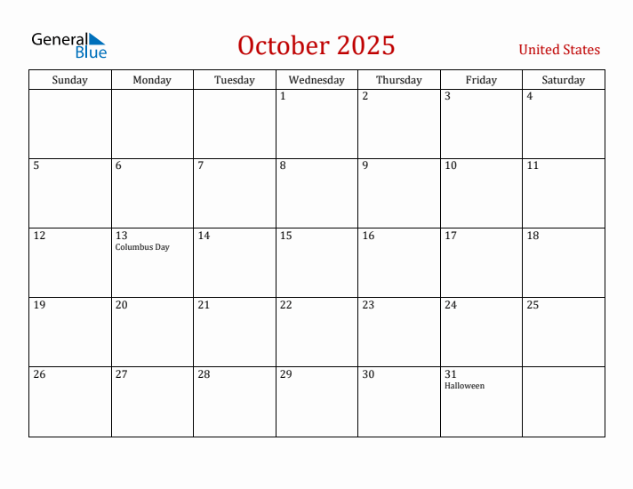United States October 2025 Calendar - Sunday Start
