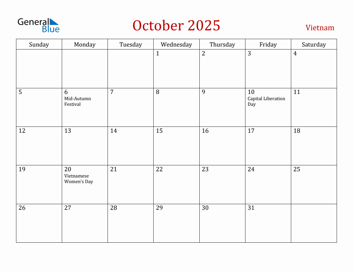 October 2025 Vietnam Monthly Calendar with Holidays