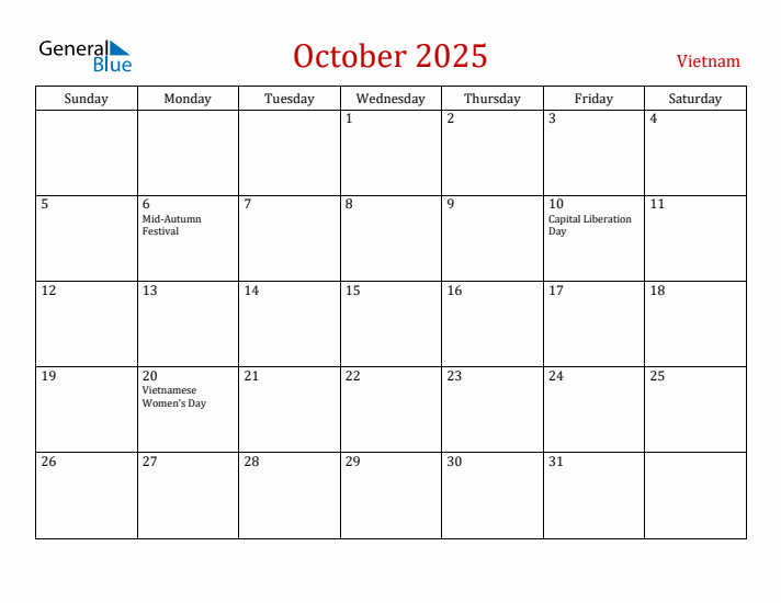 Vietnam October 2025 Calendar - Sunday Start