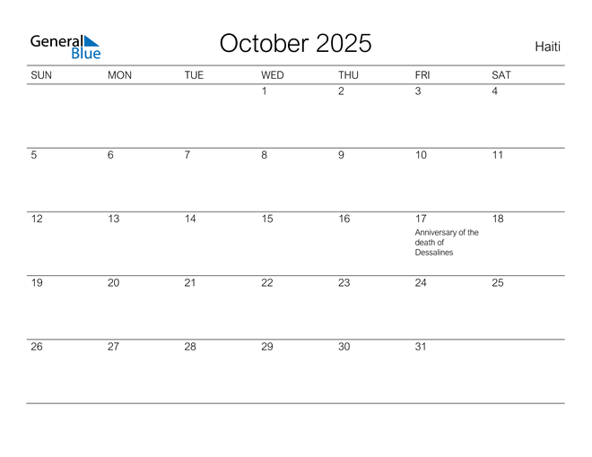 Printable October 2025 Calendar for Haiti