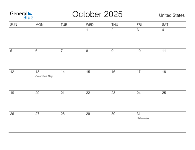 Printable October 2025 Calendar for United States