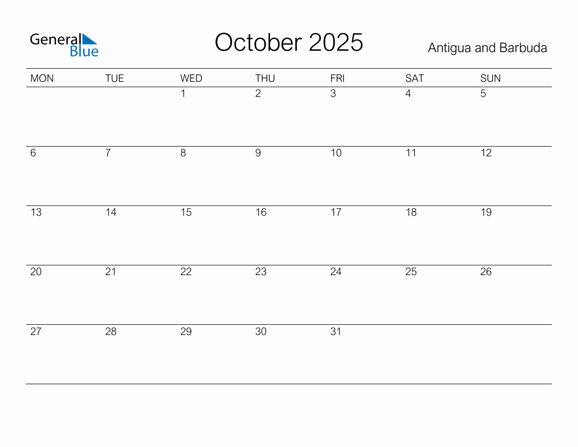 Printable October 2025 Monthly Calendar with Holidays for Antigua and