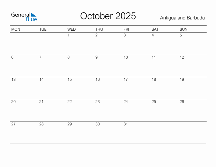 Printable October 2025 Calendar for Antigua and Barbuda