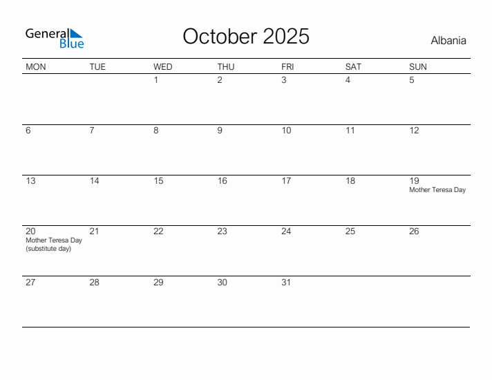 Printable October 2025 Calendar for Albania