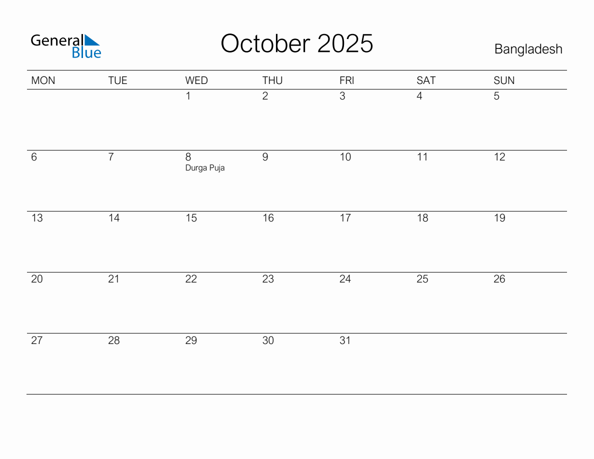 Printable October 2025 Monthly Calendar with Holidays for Bangladesh