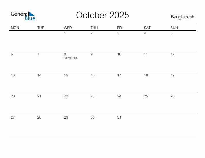Printable October 2025 Calendar for Bangladesh