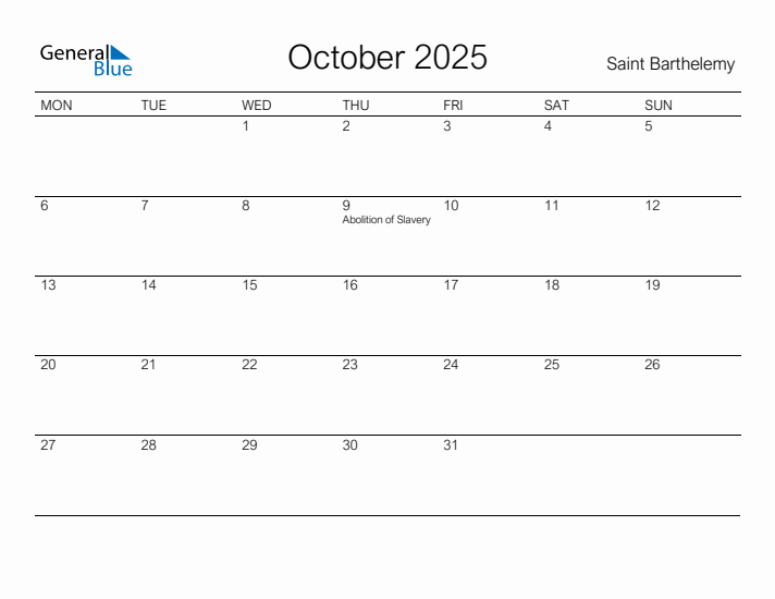 Printable October 2025 Calendar for Saint Barthelemy