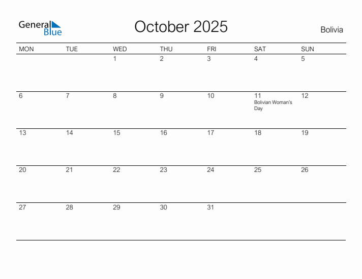 Printable October 2025 Calendar for Bolivia