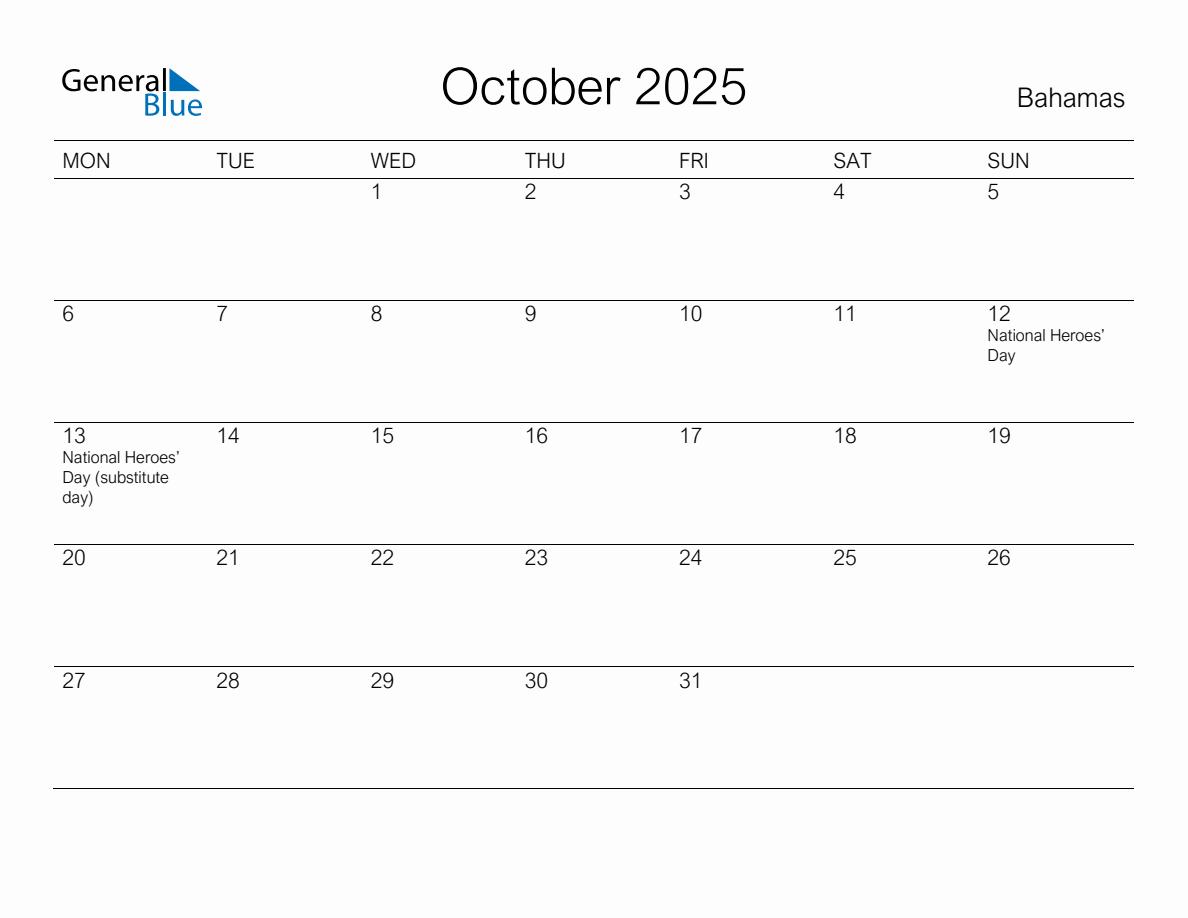 Printable October 2025 Monthly Calendar with Holidays for Bahamas