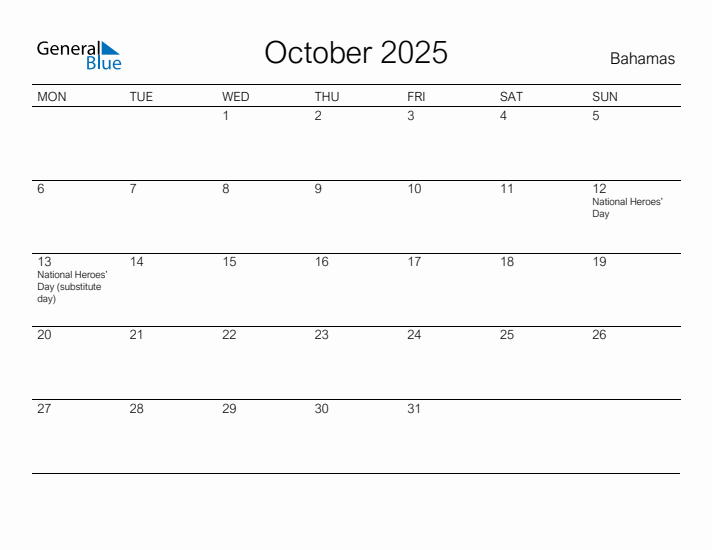 Printable October 2025 Calendar for Bahamas