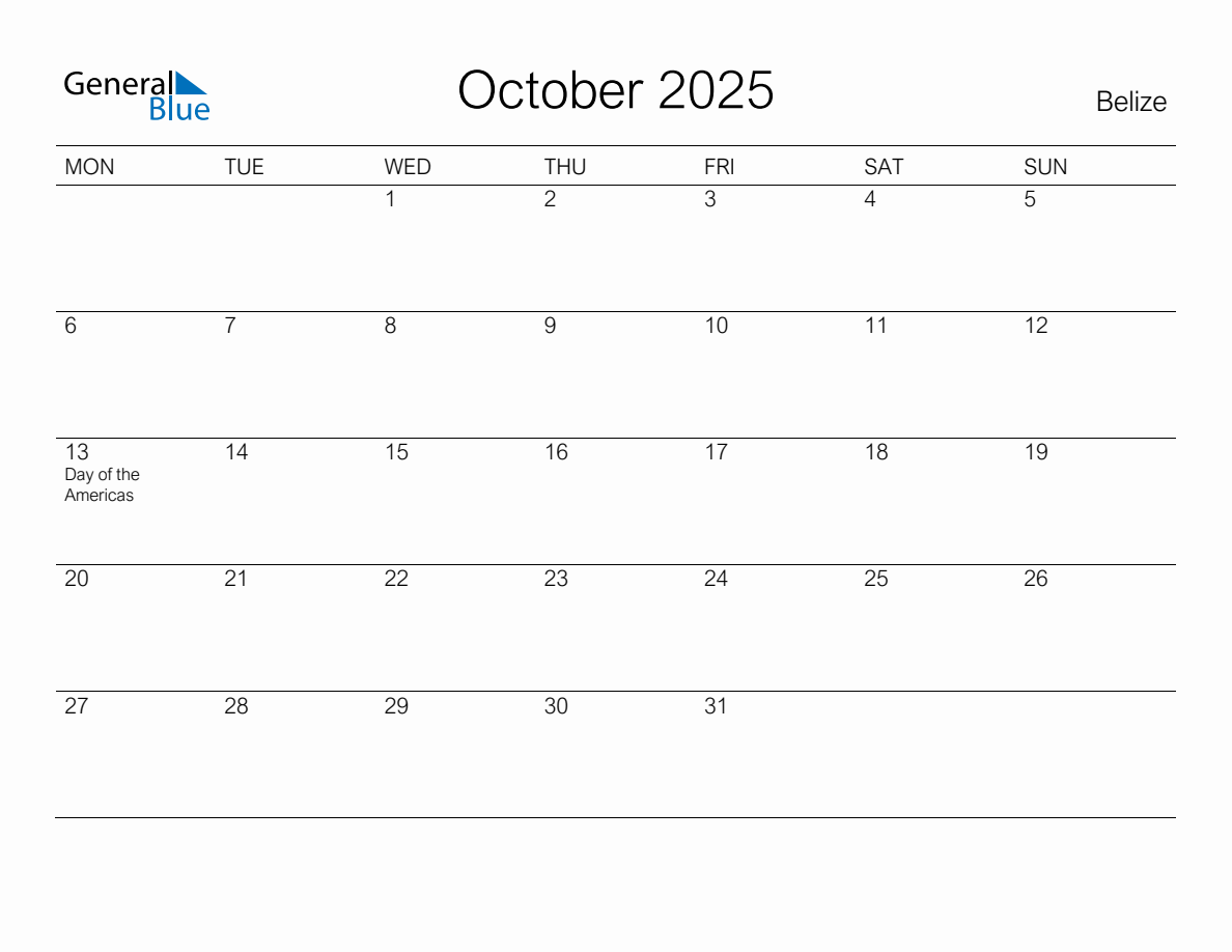 Printable October 2025 Monthly Calendar with Holidays for Belize