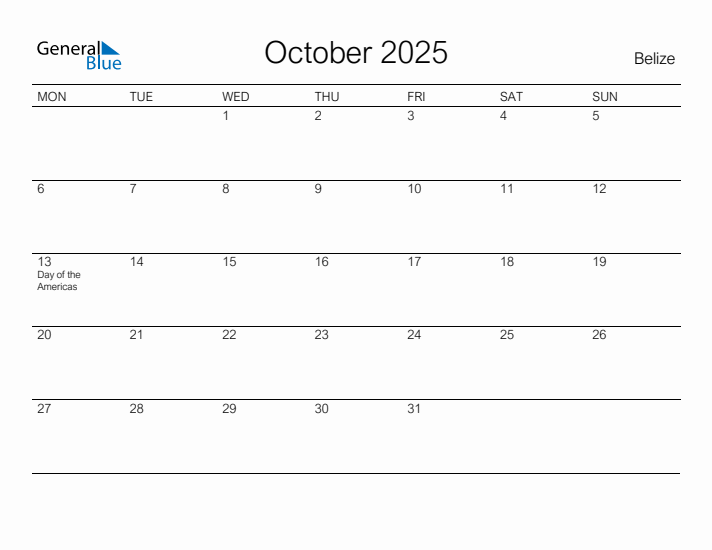 Printable October 2025 Calendar for Belize