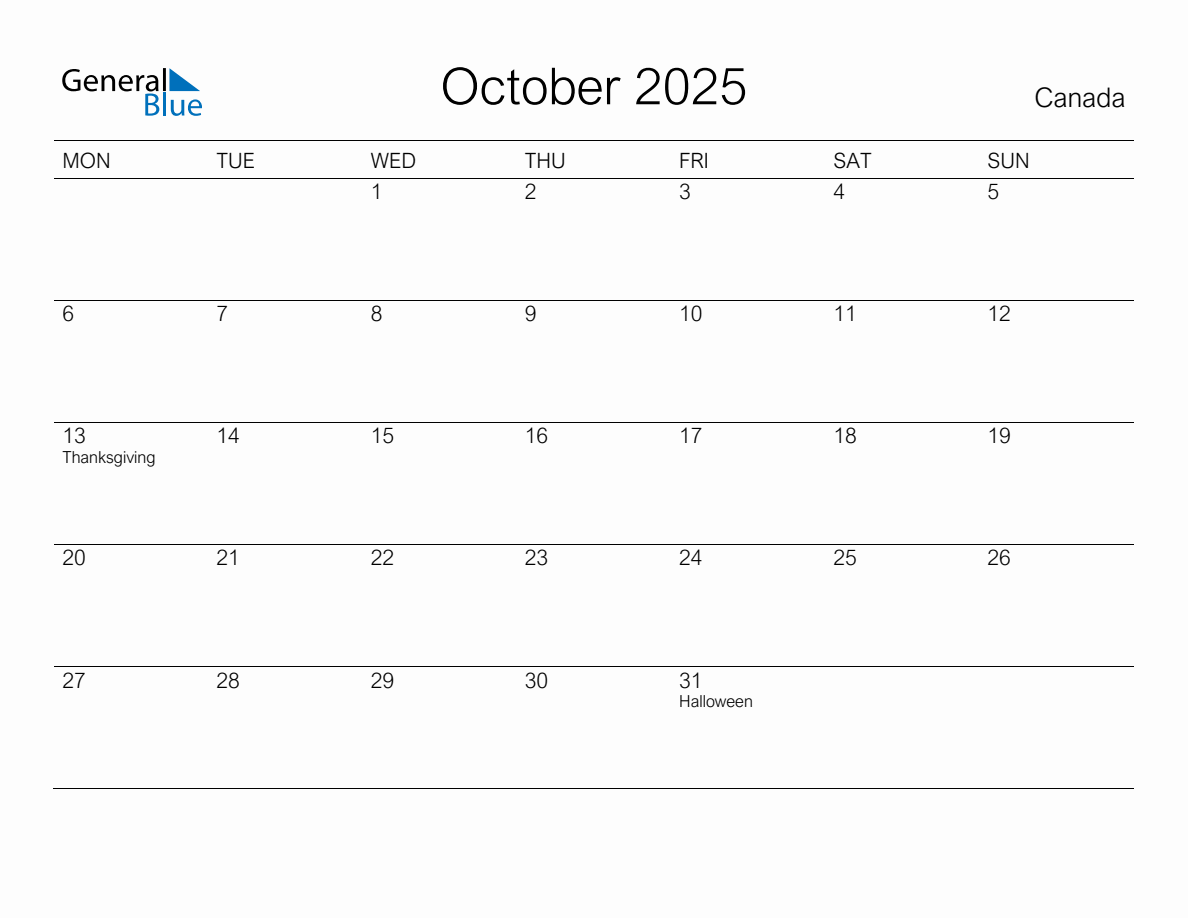 Printable October 2025 Monthly Calendar with Holidays for Canada