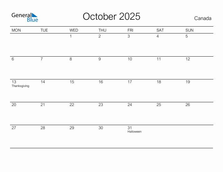 Printable October 2025 Calendar for Canada