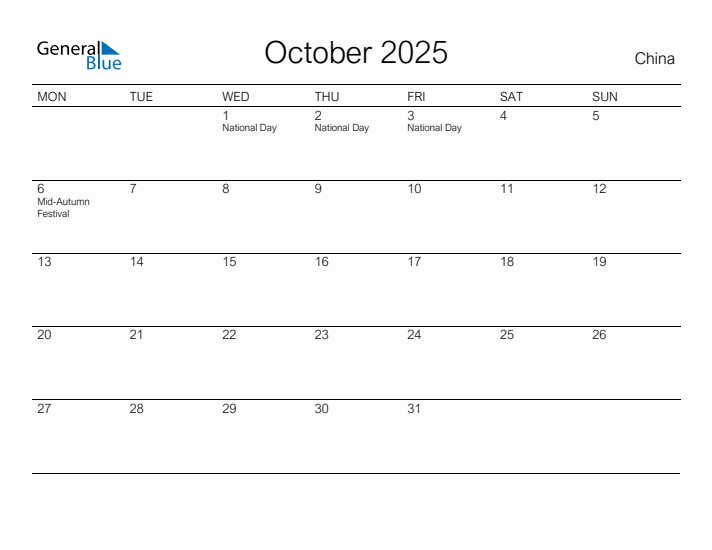 Printable October 2025 Calendar for China
