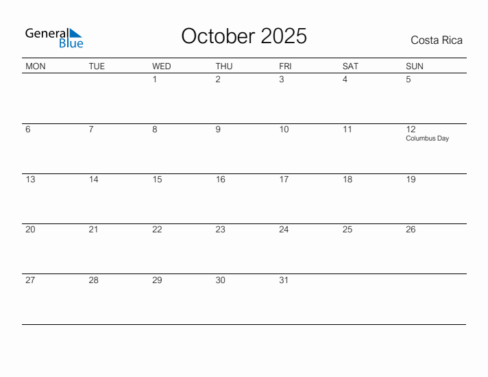 Printable October 2025 Calendar for Costa Rica