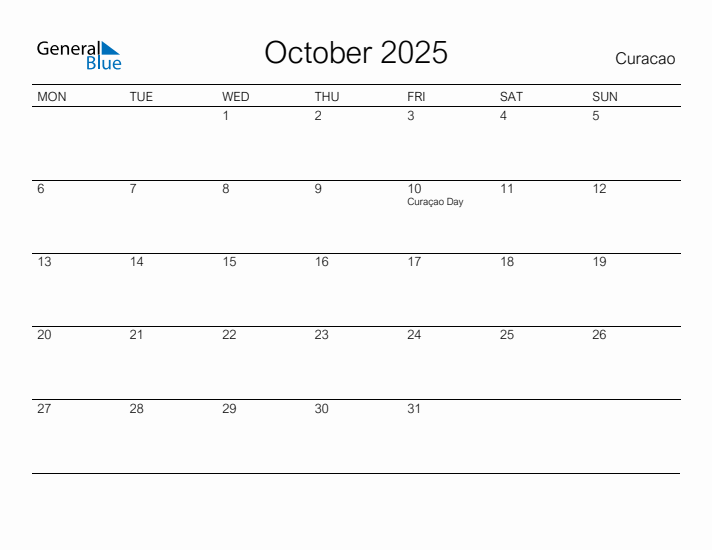 Printable October 2025 Calendar for Curacao