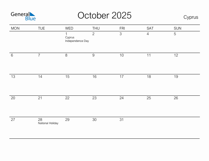 Printable October 2025 Calendar for Cyprus