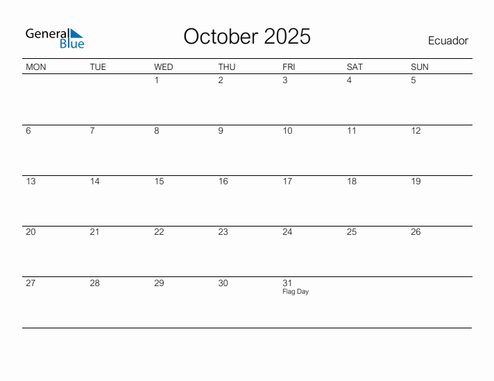 Printable October 2025 Calendar for Ecuador