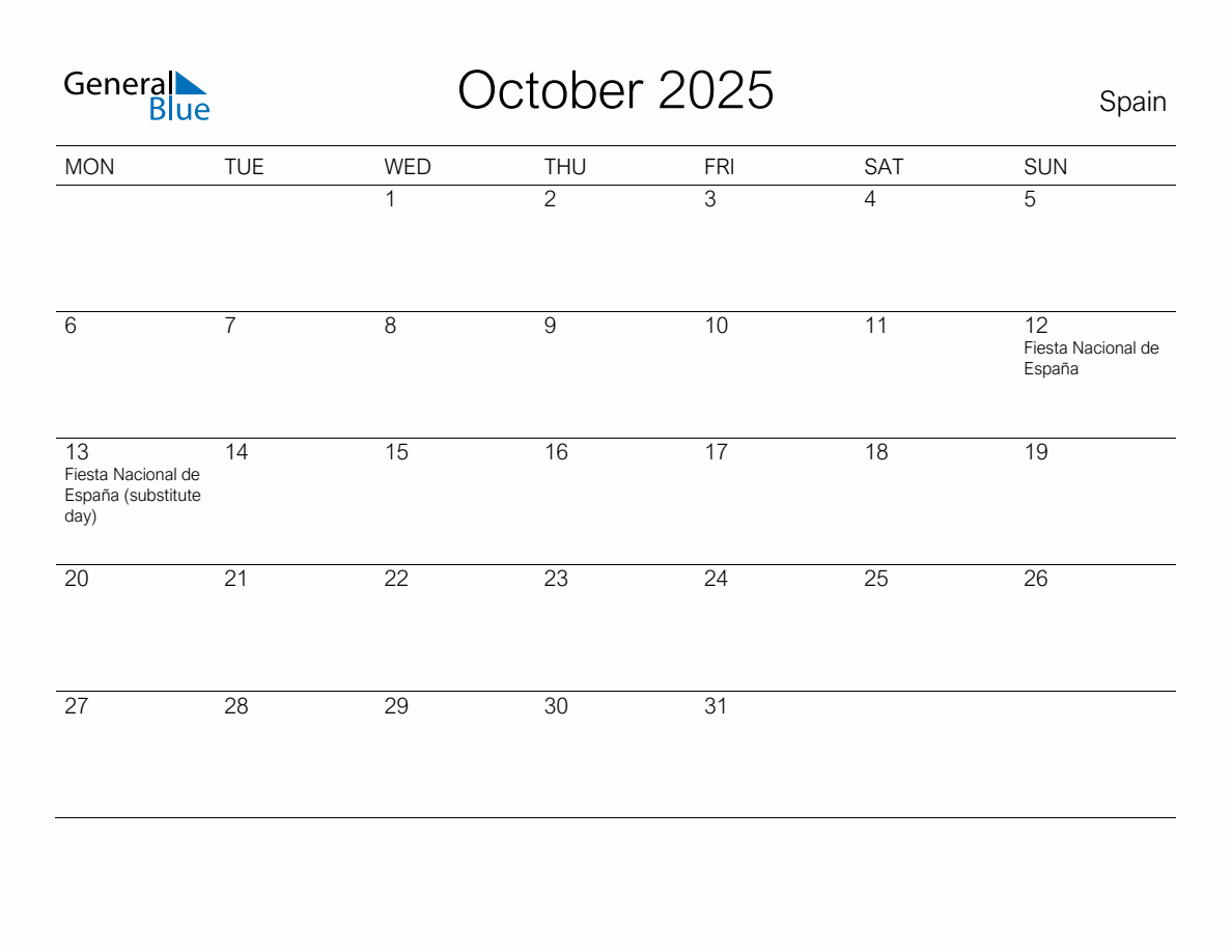 Printable October 2025 Monthly Calendar with Holidays for Spain