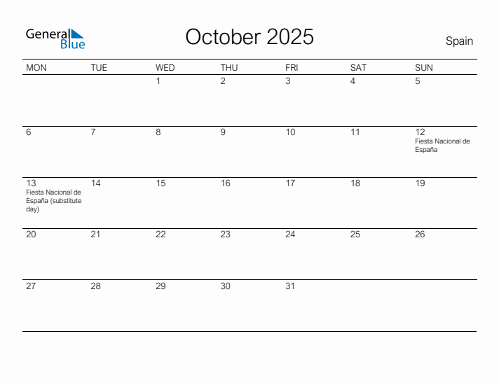 Printable October 2025 Calendar for Spain