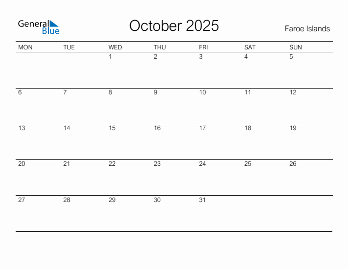 Printable October 2025 Monthly Calendar with Holidays for Faroe Islands