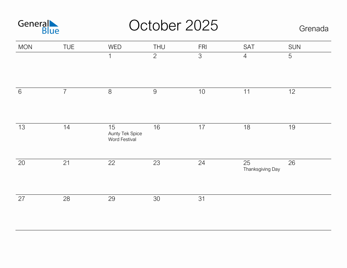 Printable October 2025 Monthly Calendar with Holidays for Grenada