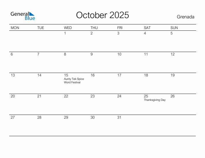 Printable October 2025 Calendar for Grenada