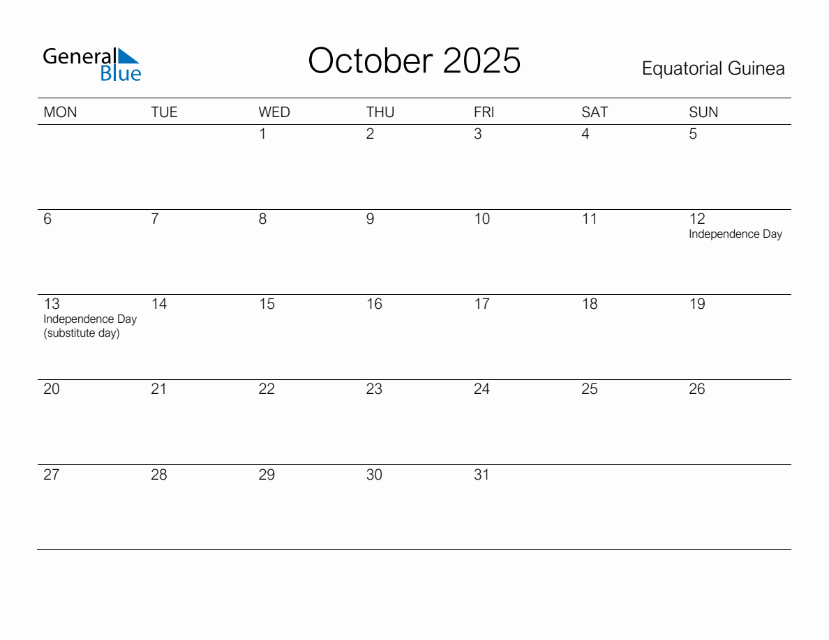 Printable October 2025 Monthly Calendar with Holidays for Equatorial Guinea