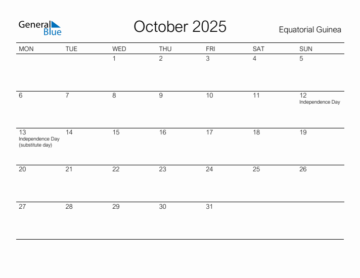 Printable October 2025 Calendar for Equatorial Guinea