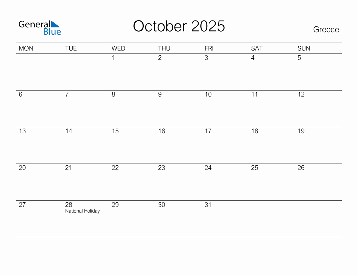 Printable October 2025 Monthly Calendar with Holidays for Greece