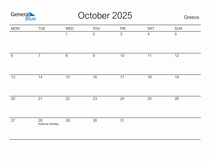 Printable October 2025 Calendar for Greece
