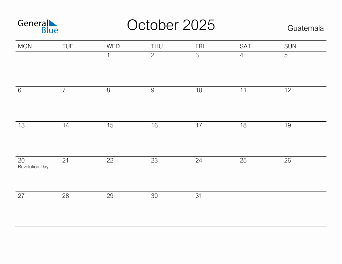 Printable October 2025 Monthly Calendar with Holidays for Guatemala