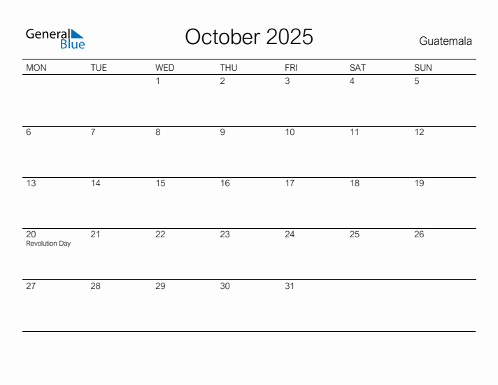 Printable October 2025 Calendar for Guatemala